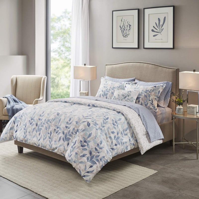 Madison Park Essentials Cozy Bed in a Bag Reversible Comforter with Complete Sheet Set - Modern Botanical Print All Season Cover, Shams, Decorative Pillow, Full(78"x86"), Blue 8 Piece - Image 1